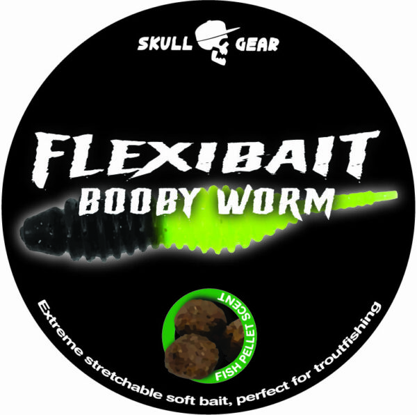 Skull Gear FlexiBait Booby Worm Fish Pellet. Black/Chartreuse
