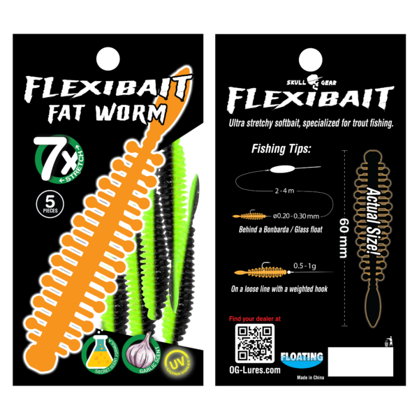 Skull Gear FlexiBait Fat Worm Garlic 5 stk. Black/Chartreuse